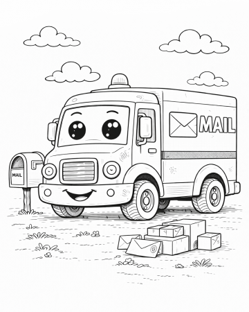 Coloriage Camion de Poste Rigolo et ses Colis - Gratuit à Imprimer