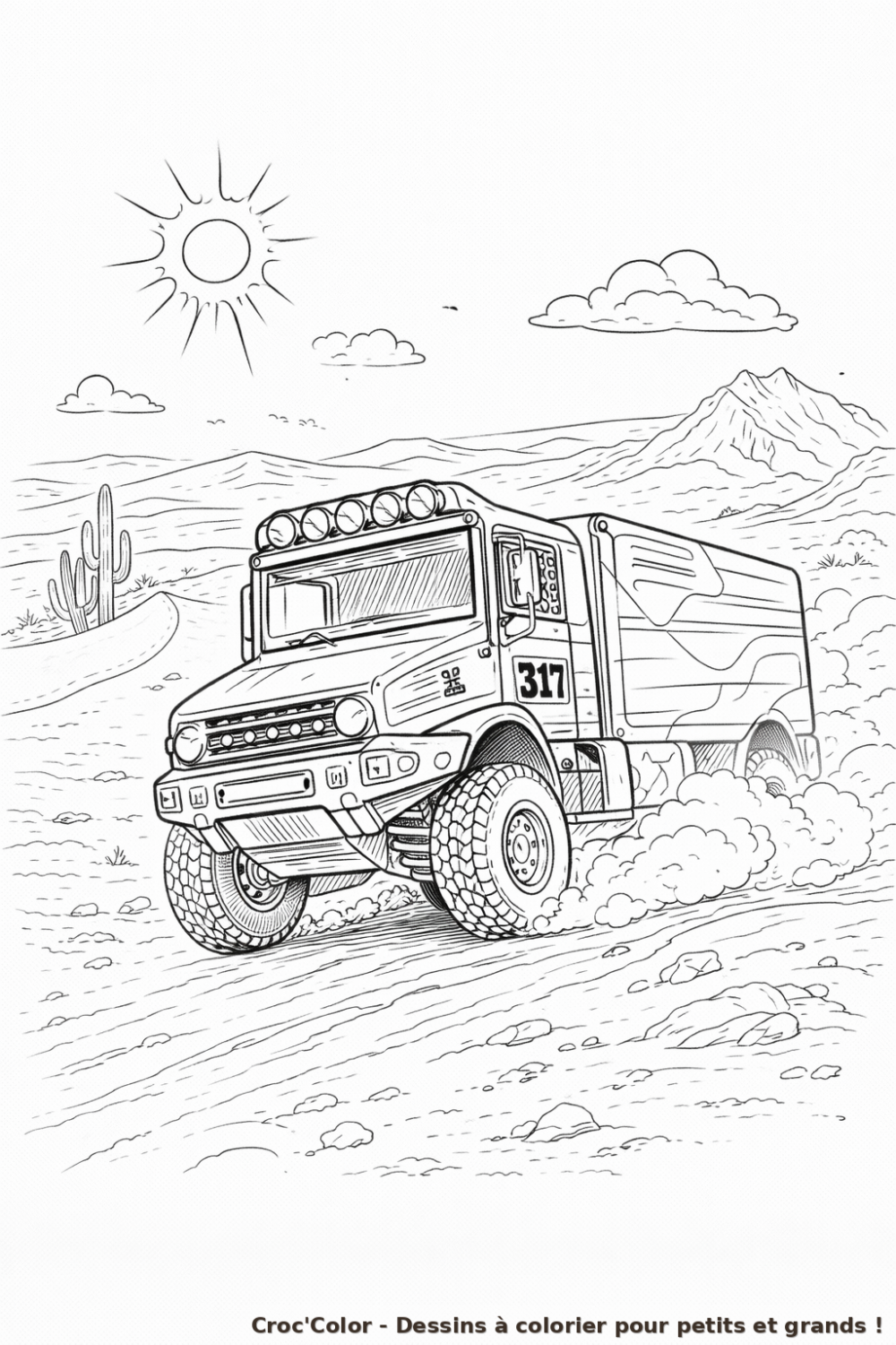 Coloriage Camion de Rallye dans le Désert : Dessin de Course à Imprimer