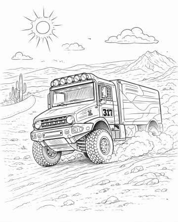 Coloriage Camion de Rallye dans le Désert : Dessin de Course à Imprimer