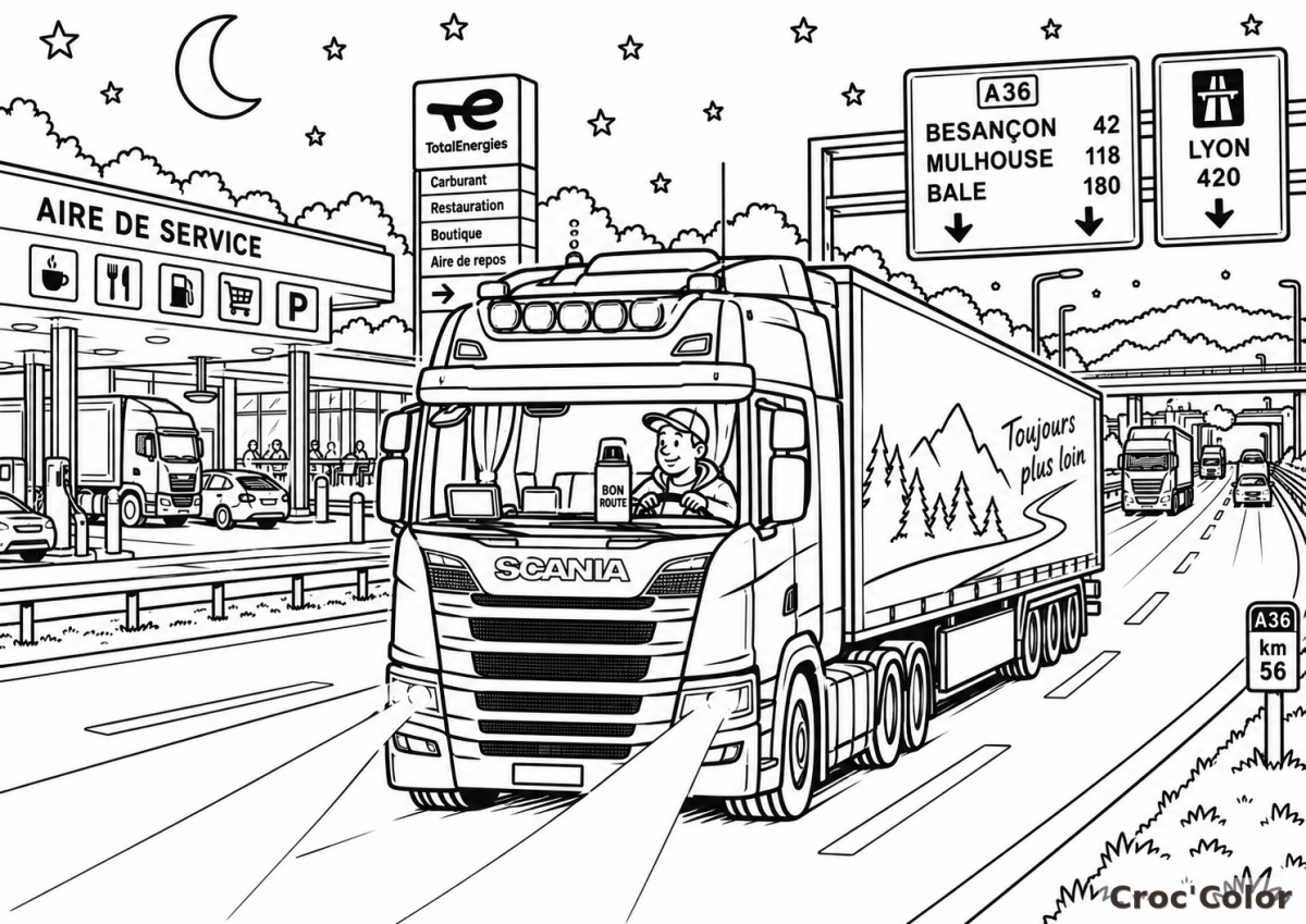 Coloriage Camion Semi-Remorque sur l'Autoroute Difficile - Dessin Routier Scania, Aire de Service et Panneaux Routiers A36 à Imprimer Gratuit