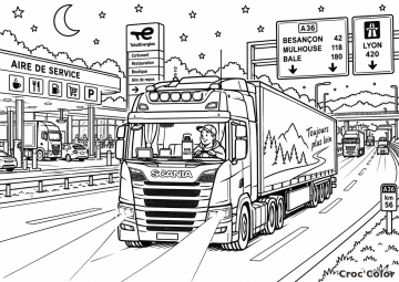 Coloriage Camion Semi-Remorque sur l'Autoroute Difficile - Dessin Routier Scania, Aire de Service et Panneaux Routiers A36 à Imprimer Gratuit
