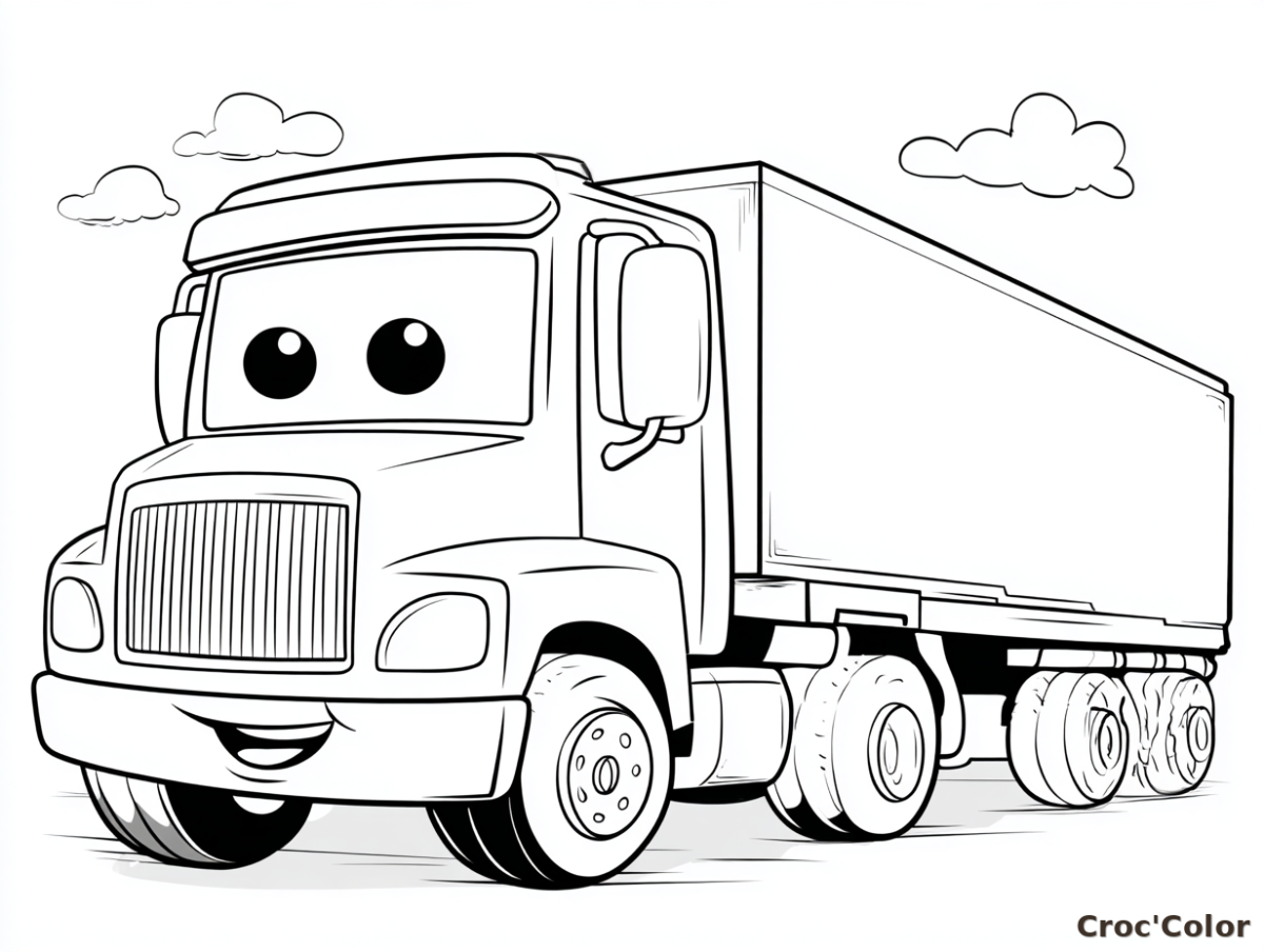 Coloriage Camion Semi-Remorque Facile Maternelle - Dessin Grand Camion Souriant, Cabine et Roues à Imprimer Gratuit