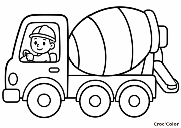 Coloriage Camion Toupie Facile Maternelle - Dessin Camion Betonnière, Chauffeur et Chantier à Imprimer Gratuit