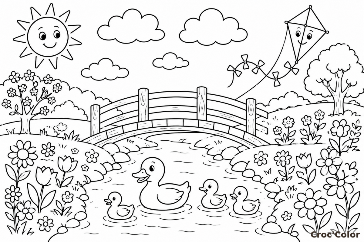 Coloriage Canard et Canetons sur la Rivière Facile - Dessin Pont en Bois, Cerf-Volant et Fleurs à Imprimer Gratuit