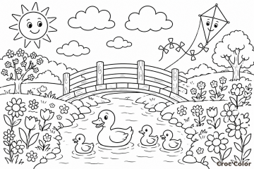 Coloriage Canard et Canetons sur la Rivière Facile - Dessin Pont en Bois, Cerf-Volant et Fleurs à Imprimer Gratuit