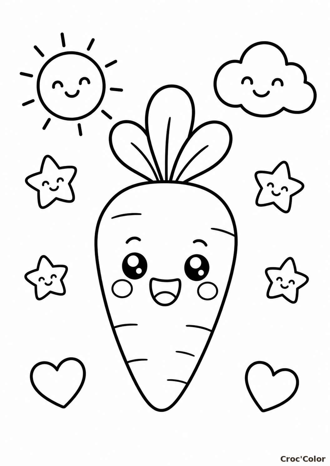 Coloriage Carotte Kawaii Rigolote - Dessin de Légume Facile à Imprimer