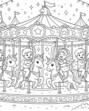 Coloriage Carrousel de Licornes et Fête Foraine - Dessin Manège Magique avec Enfants à Imprimer Gratuit
