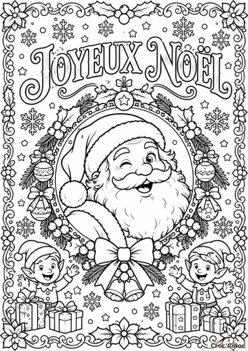 Coloriage Carte de Noël Père Noël et Lutins Difficile – Dessin Carte de Vœux Joyeux Noël, Couronne, Clochettes et Cadeaux à Imprimer Gratuit