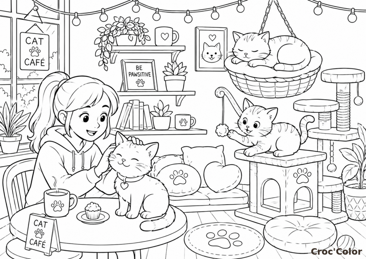 Coloriage Cat Café et Petits Chats - Dessin Fille au Salon de Thé des Chats à Imprimer Gratuit