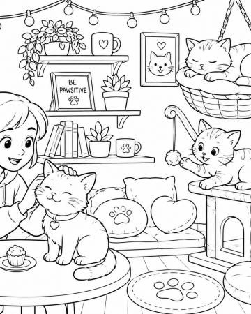 Coloriage Cat Café et Petits Chats - Dessin Fille au Salon de Thé des Chats à Imprimer Gratuit