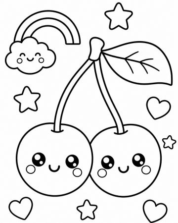 Coloriage Cerises Kawaii Rigolotes - Dessin de Fruit Facile à Imprimer