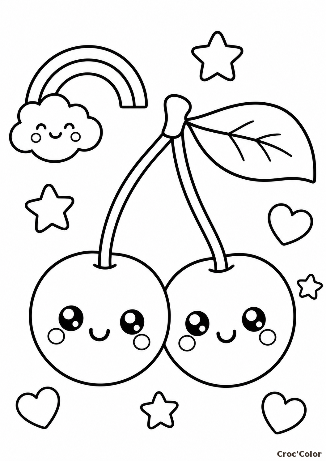 Coloriage Cerises Kawaii Rigolotes - Dessin de Fruit Facile à Imprimer