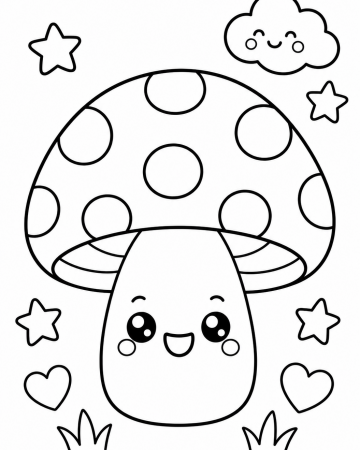 Coloriage Champignon Kawaii et Nuage Souriant - Dessin Facile à Imprimer