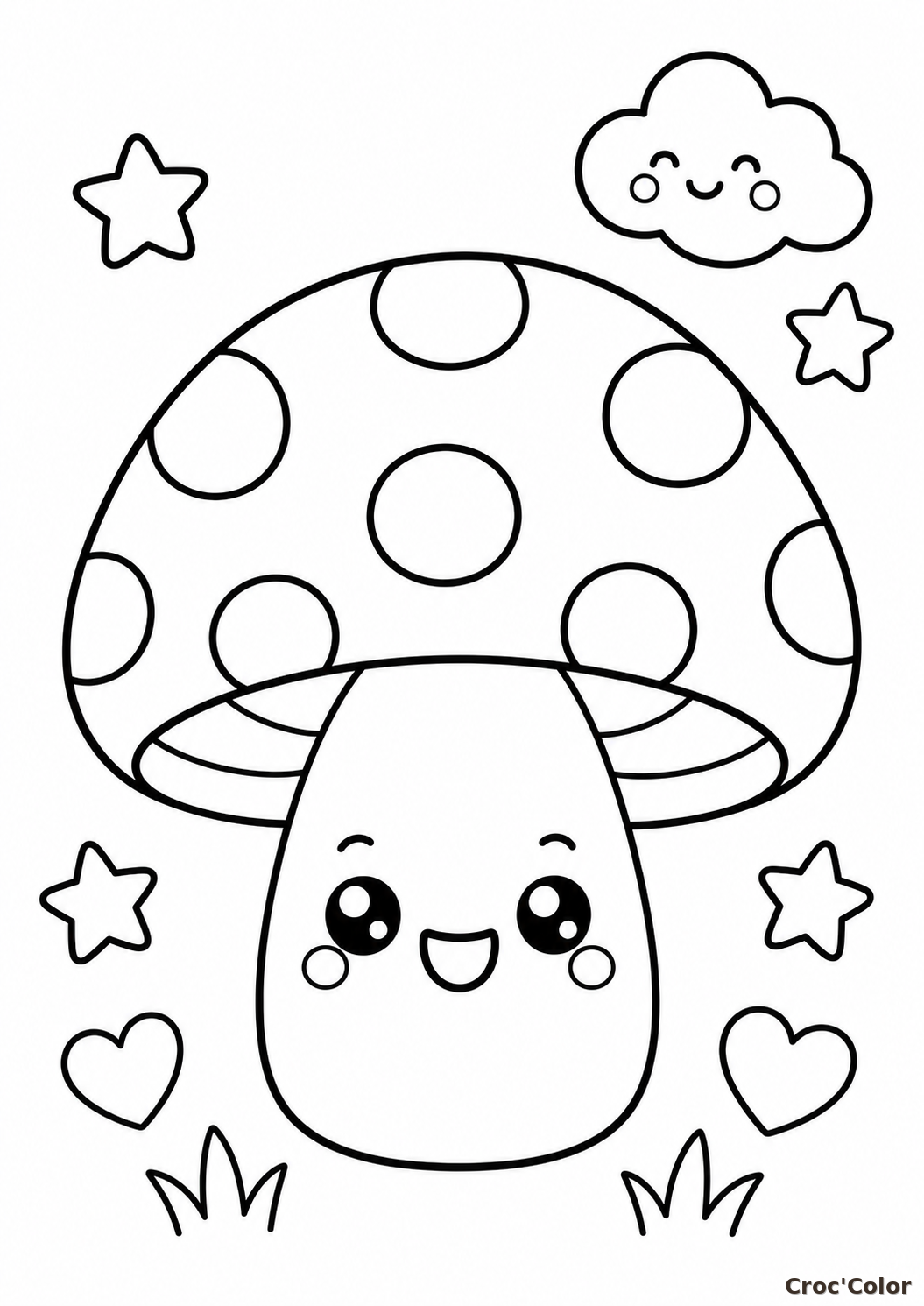 Coloriage Champignon Kawaii et Nuage Souriant - Dessin Facile à Imprimer