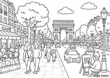 Coloriage Coloriage Champs-Élysées et Arc de Triomphe Paris – Dessin Avenue Parisienne, Café, Peintre et Voitures à Imprimer Gratuit à imprimer