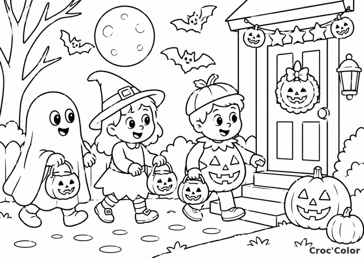 Coloriage Chasse aux Bonbons Halloween Enfants Déguisés - Dessin Citrouille et Maison Hantée Facile à Imprimer Gratuit