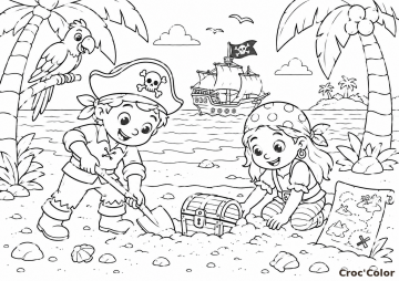 Coloriage Chasse au Trésor Pirate - Dessin Enfants Pirates sur la Plage à Imprimer Gratuit