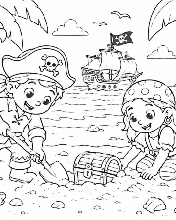 Coloriage Chasse au Trésor Pirate - Dessin Enfants Pirates sur la Plage à Imprimer Gratuit