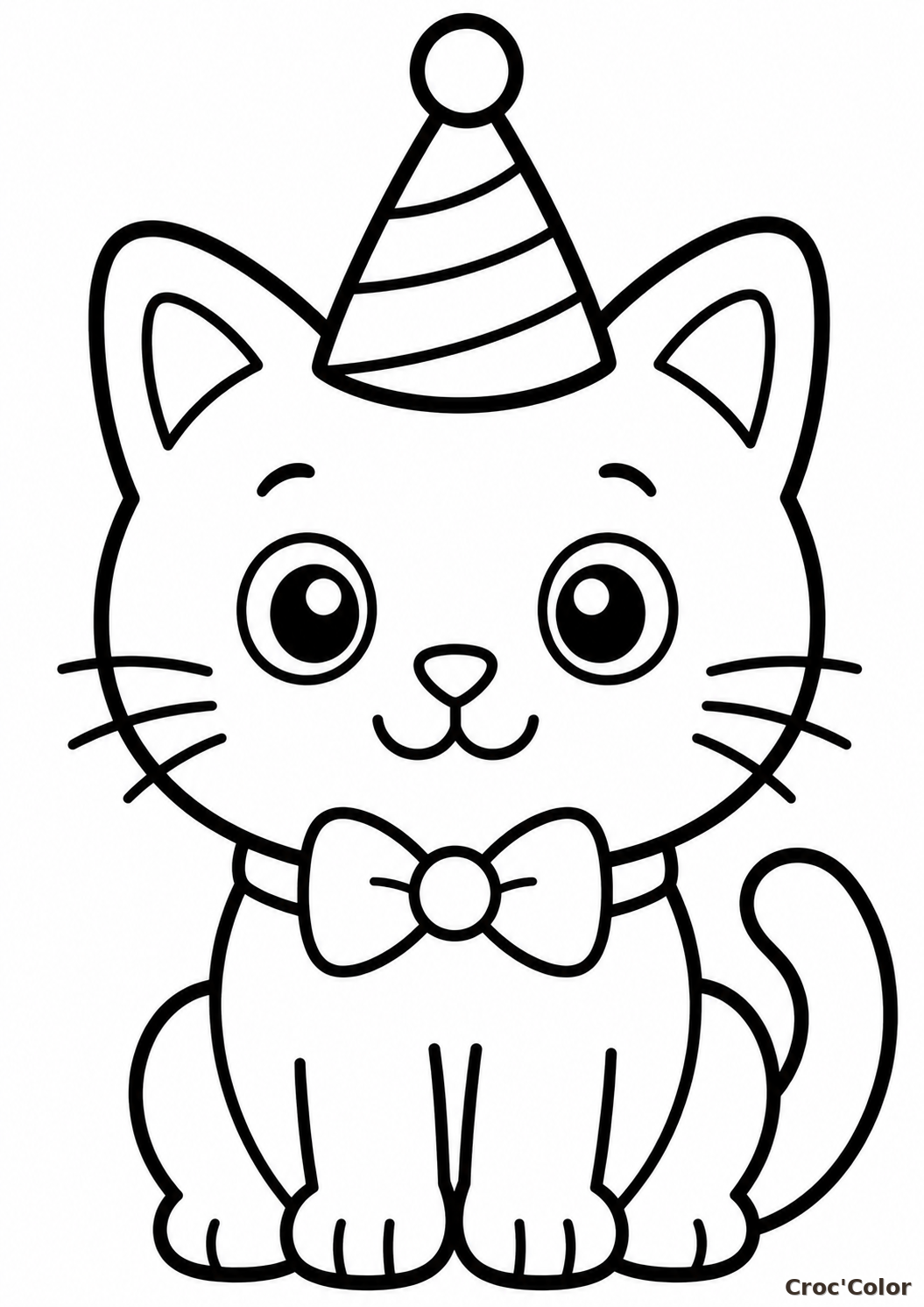 Coloriage Chat Anniversaire Facile Maternelle - Dessin Chaton avec Chapeau de Fête à Imprimer Gratuit