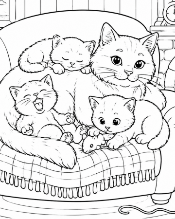 Coloriage Chat et Chatons Facile - Dessin Famille Chat sur Fauteuil à Imprimer Gratuit