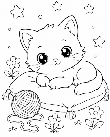 Coloriage Chat Facile Maternelle - Dessin Chaton sur un Coussin avec Pelote à Imprimer Gratuit