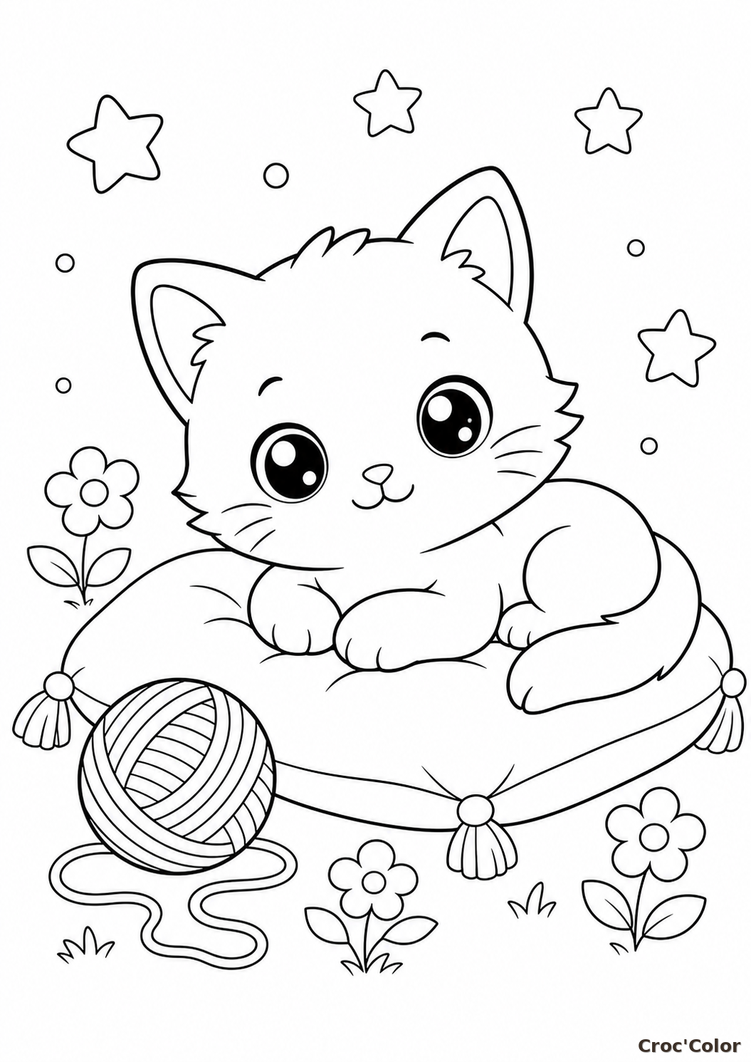 Coloriage Chat Facile Maternelle - Dessin Chaton sur un Coussin avec Pelote à Imprimer Gratuit