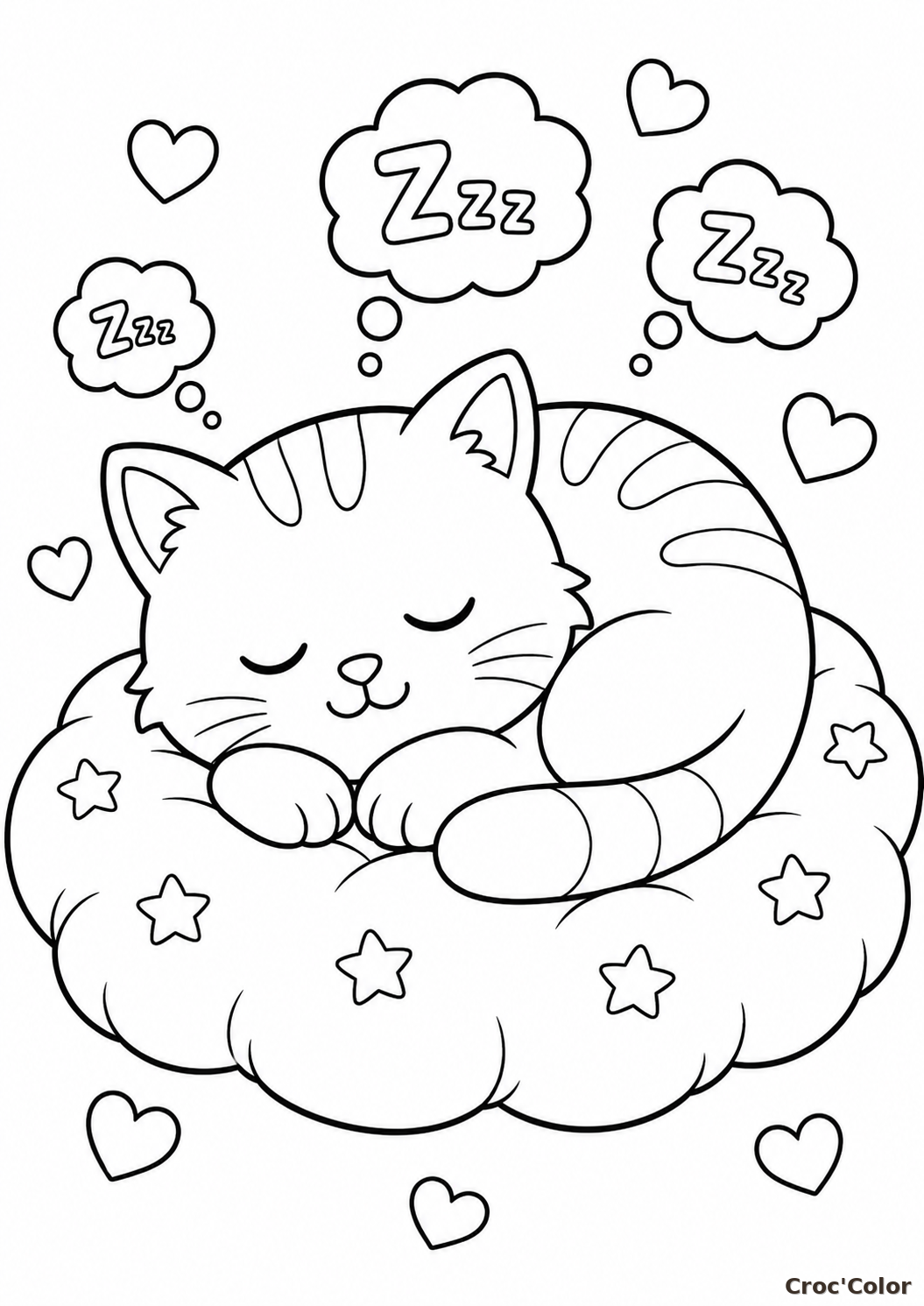 Coloriage Chat Facile Maternelle - Dessin Chaton qui Dort sur un Nuage à Imprimer Gratuit