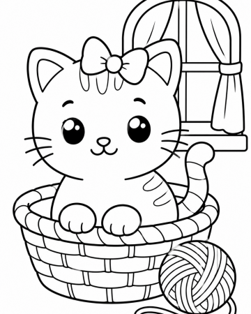 Coloriage Chat Facile Maternelle - Dessin Chaton dans un Panier et Pelote à Imprimer Gratuit