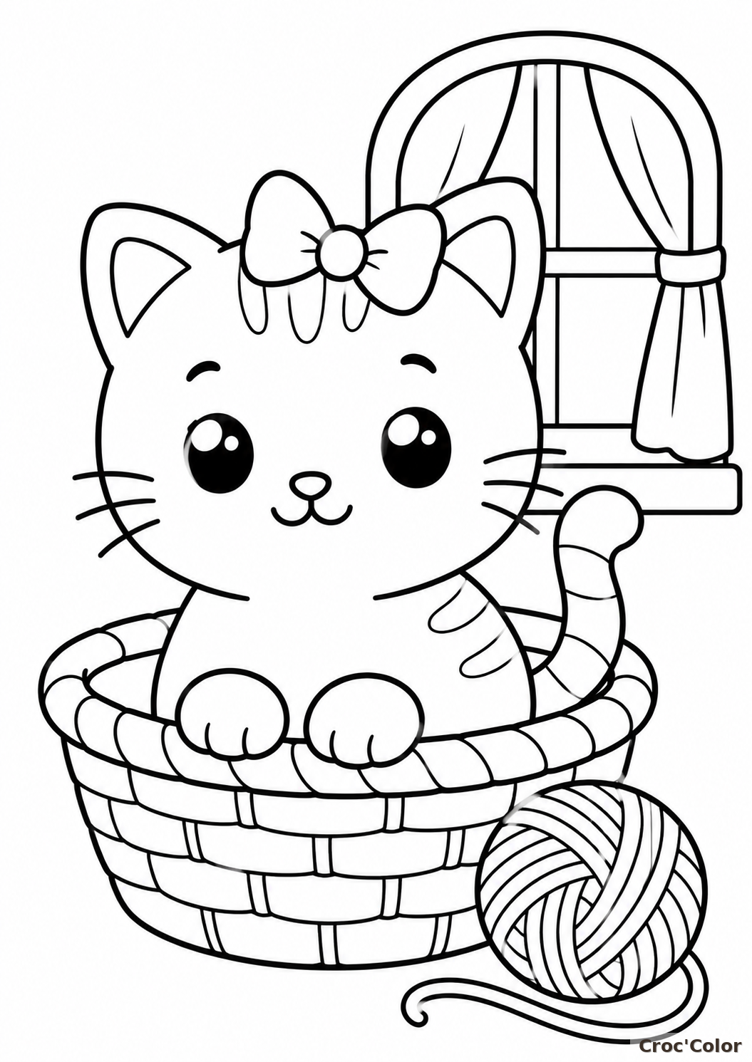 Coloriage Chat Facile Maternelle - Dessin Chaton dans un Panier et Pelote à Imprimer Gratuit