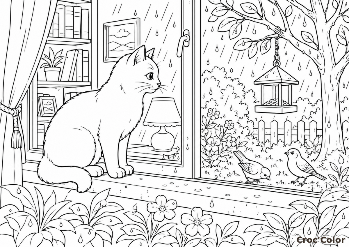 Coloriage Chat à la Fenêtre Jour de Pluie - Dessin Chatton et Oiseaux du Jardin à Imprimer Gratuit
