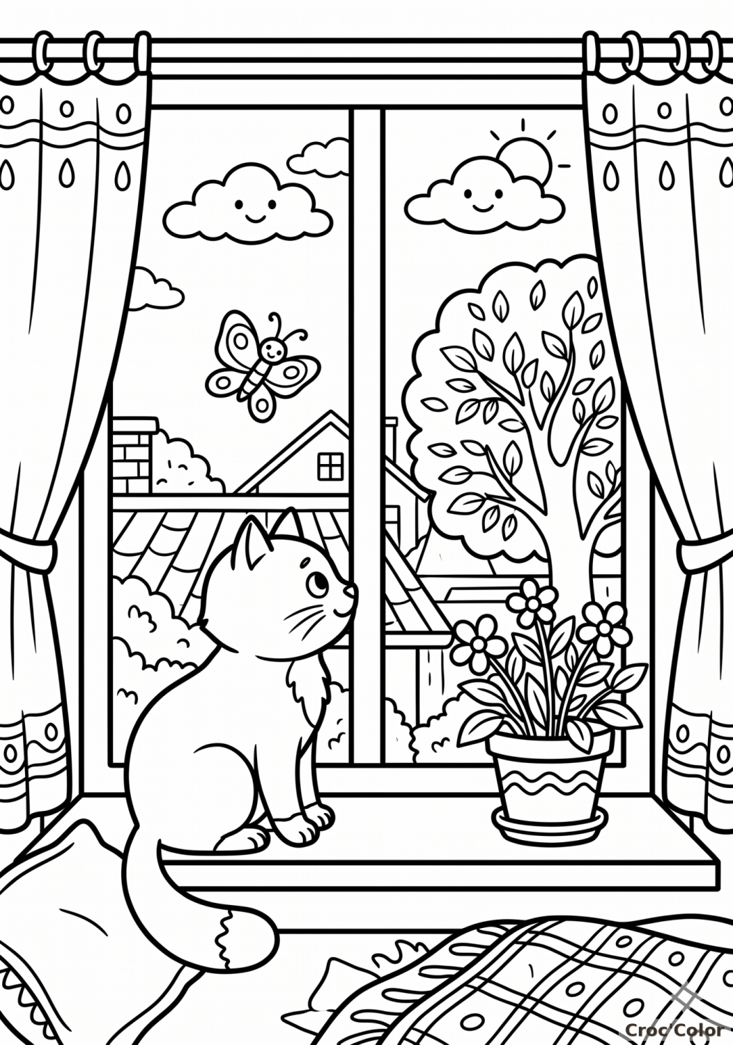 Coloriage Chat à la Fenêtre Facile - Dessin Paysage et Chaton CP à Imprimer