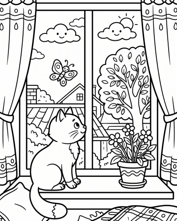 Coloriage Chat à la Fenêtre Facile - Dessin Paysage et Chaton CP à Imprimer
