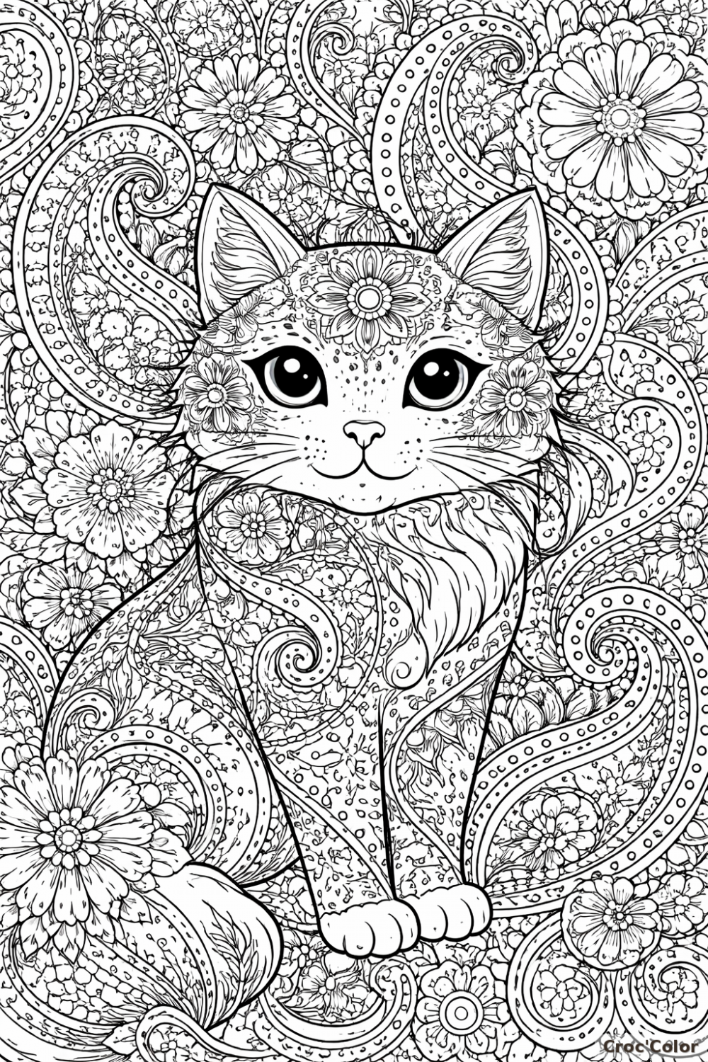 Coloriage Chat Mandala et Fleurs Difficile : Dessin Zen Anti-Stress pour Adulte