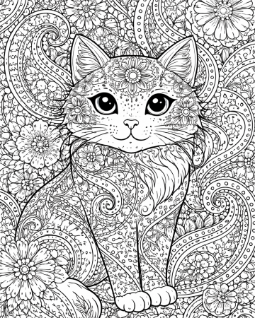 Coloriage Chat Mandala et Fleurs Difficile : Dessin Zen Anti-Stress pour Adulte