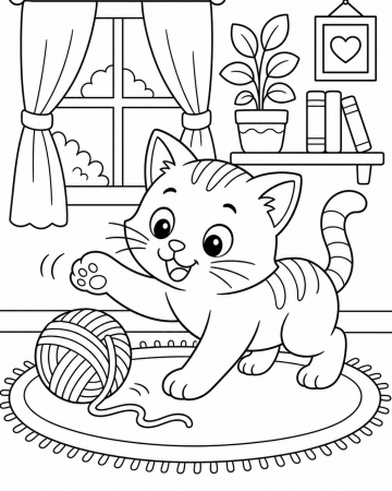 Coloriage chat avec pelote de laine - Dessin mignon à imprimer