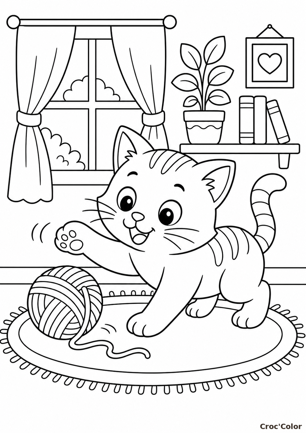 Coloriage chat avec pelote de laine - Dessin mignon à imprimer