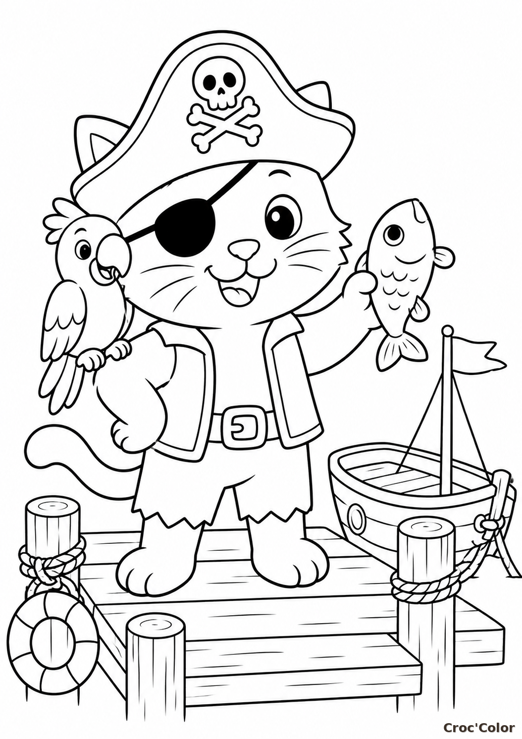 Coloriage Chat Pirate et son Perroquet - Dessin Chaton Corsaire sur le Ponton à Imprimer Gratuit