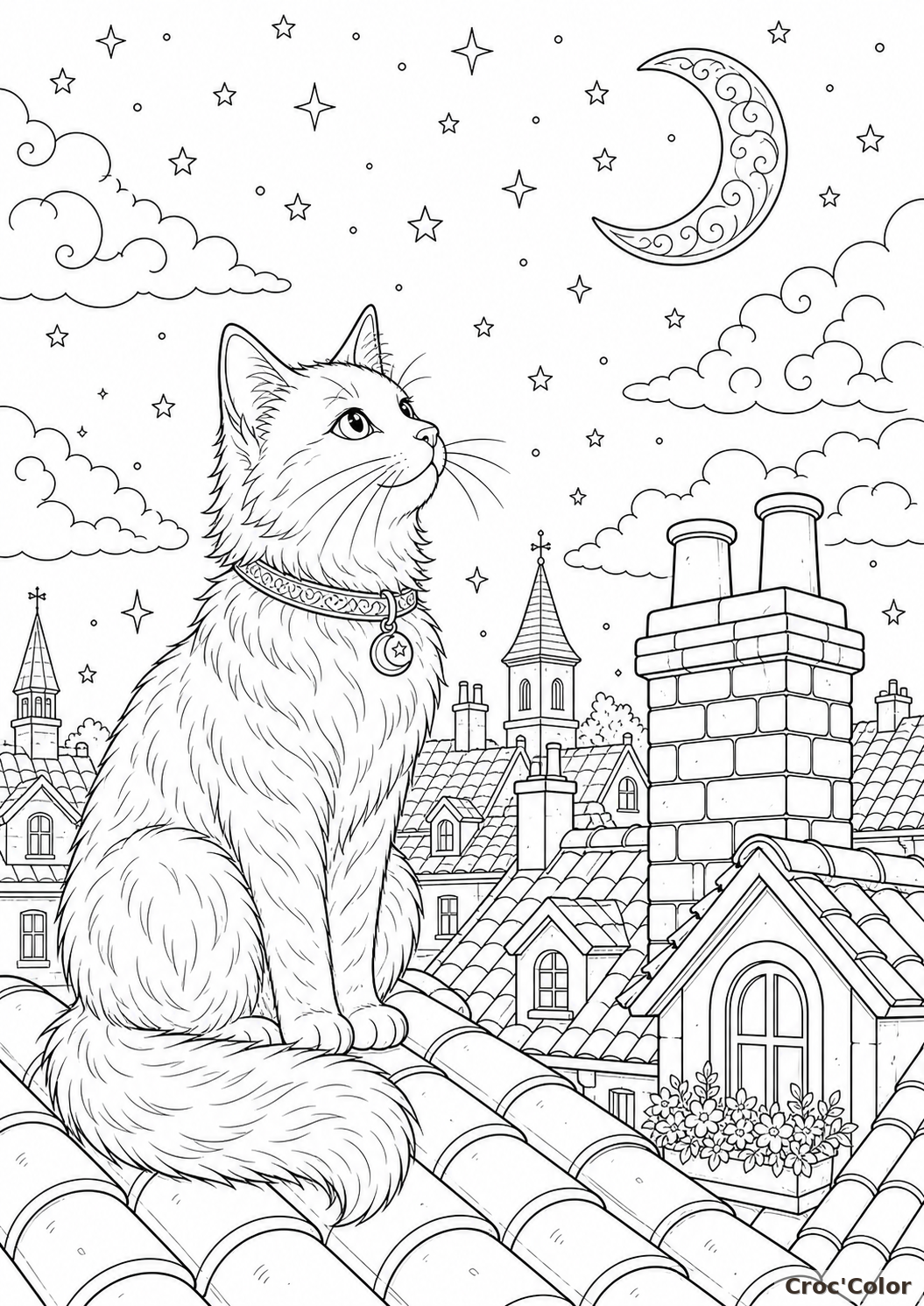 Coloriage Chat sur les Toits et Nuit Étoilée - Dessin Poétique à Imprimer