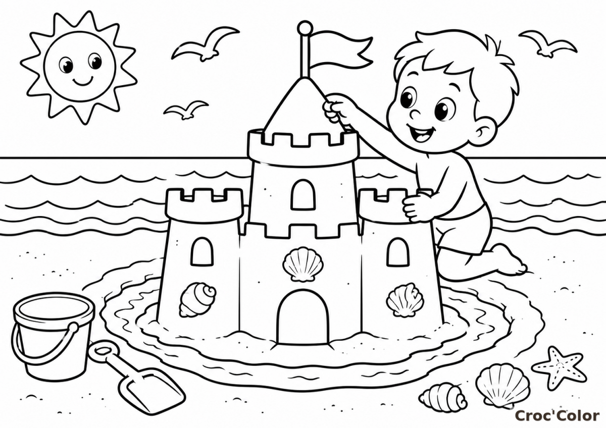Coloriage Château de Sable et Garçon à la Plage - Dessin Plage, Mer, Seau et Coquillages à Imprimer Gratuit