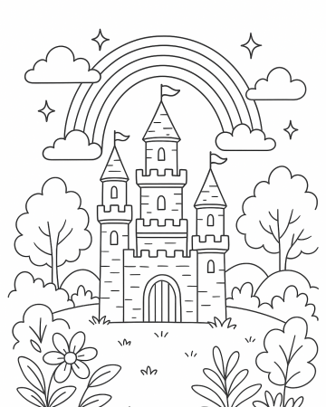 Coloriage Château Facile Maternelle - Dessin Château Fort et Arc-en-Ciel à Imprimer Gratuit
