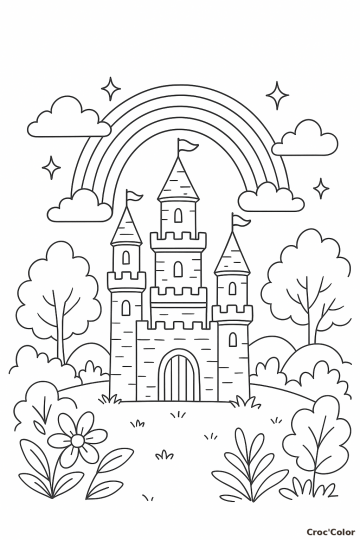 Coloriage Château Facile Maternelle - Dessin Château Fort et Arc-en-Ciel à Imprimer Gratuit