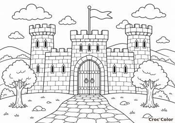 Coloriage Château Fort Facile - Dessin Château Médiéval à Imprimer Gratuit