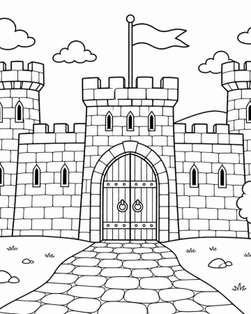 Coloriage Château Fort Facile - Dessin Château Médiéval à Imprimer Gratuit