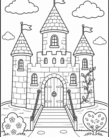 Coloriage Château Fort Facile avec Pont-Levis - Dessin Royaume à Imprimer Gratuit