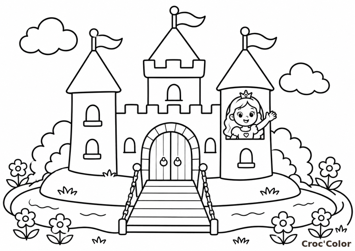 Coloriage Château Fort Féerique - Dessin Princesse à la Fenêtre, Pont-Levis, Tours et Douves à Imprimer Gratuit