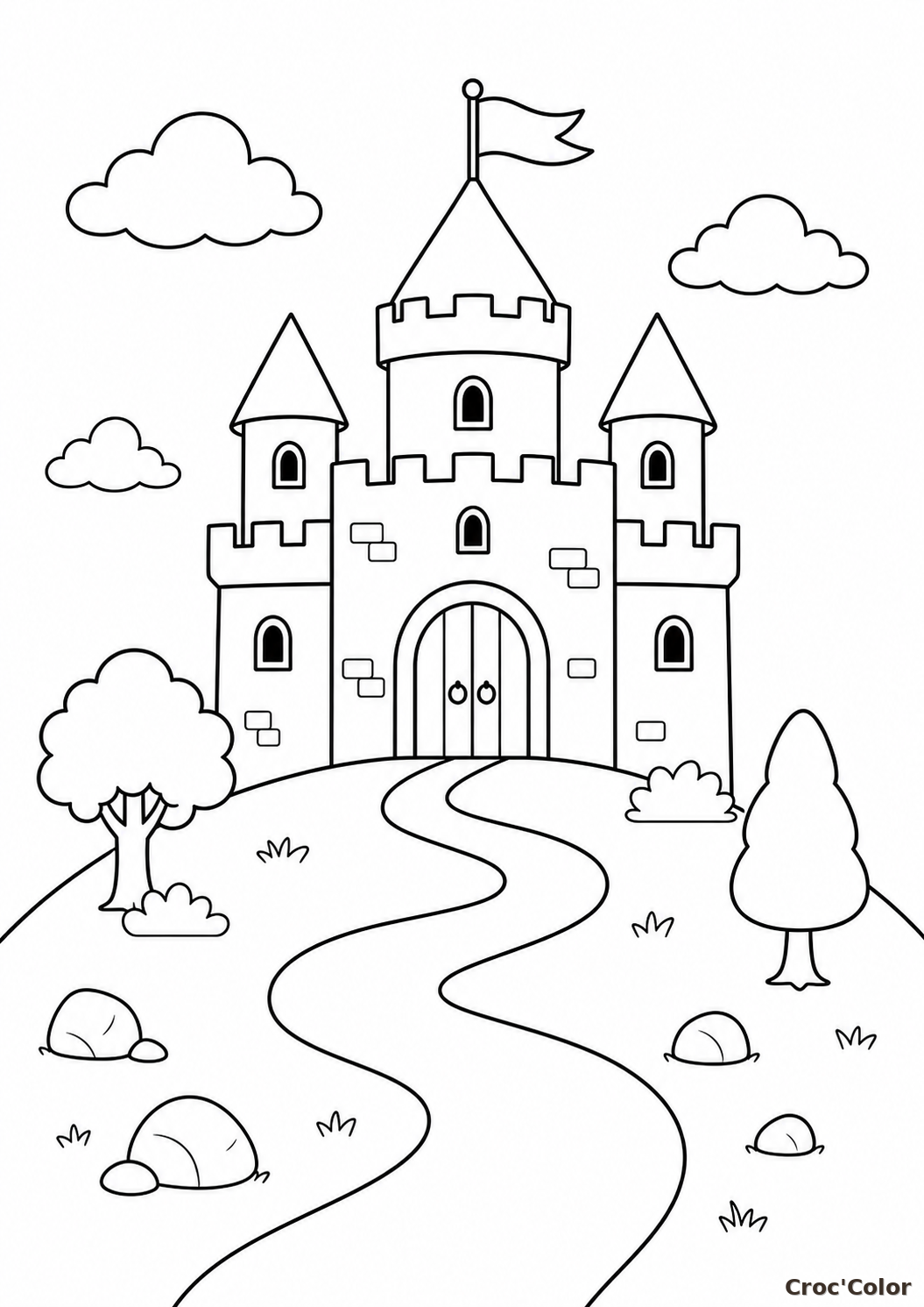 Coloriage Château Fort Médiéval sur sa Colline - Dessin à Imprimer Gratuit