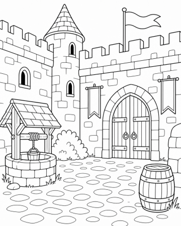 Coloriage Château Fort Médiéval avec Puits et Tonneau à Imprimer