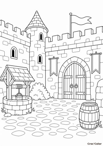 Coloriage Château Fort Médiéval avec Puits et Tonneau à Imprimer