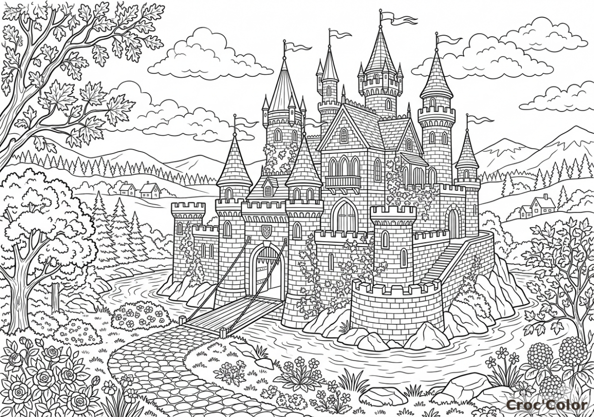 Coloriage Château Fort Médiéval et Pont-Levis - Dessin Royaume Magique à Imprimer