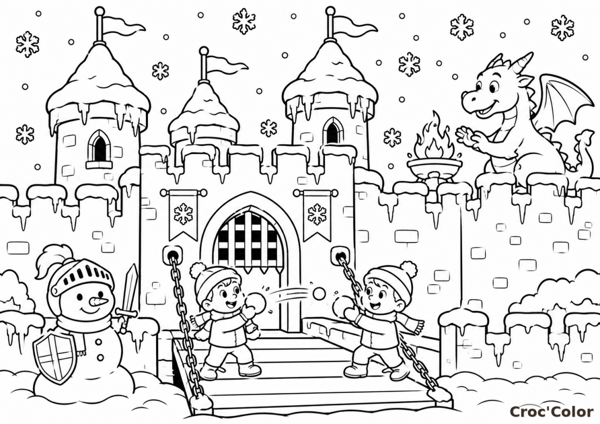 Coloriage Château Fort sous la Neige et Dragon - Dessin Bataille de Boules de Neige, Bonhomme de Neige Chevalier et Dragon à Imprimer Gratuit